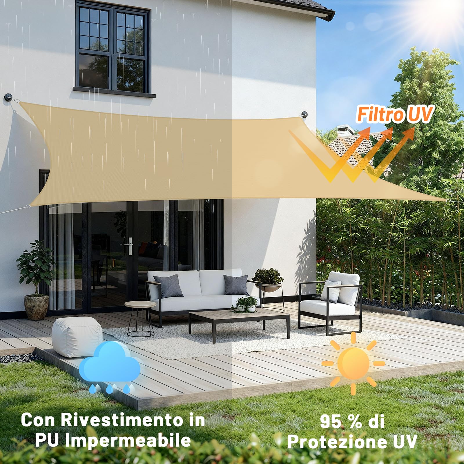 Tenda a Vela Impermeabile 3x4m Rettangolare Protezione UV 95% Giardino Terrazza Patio Sabbia
