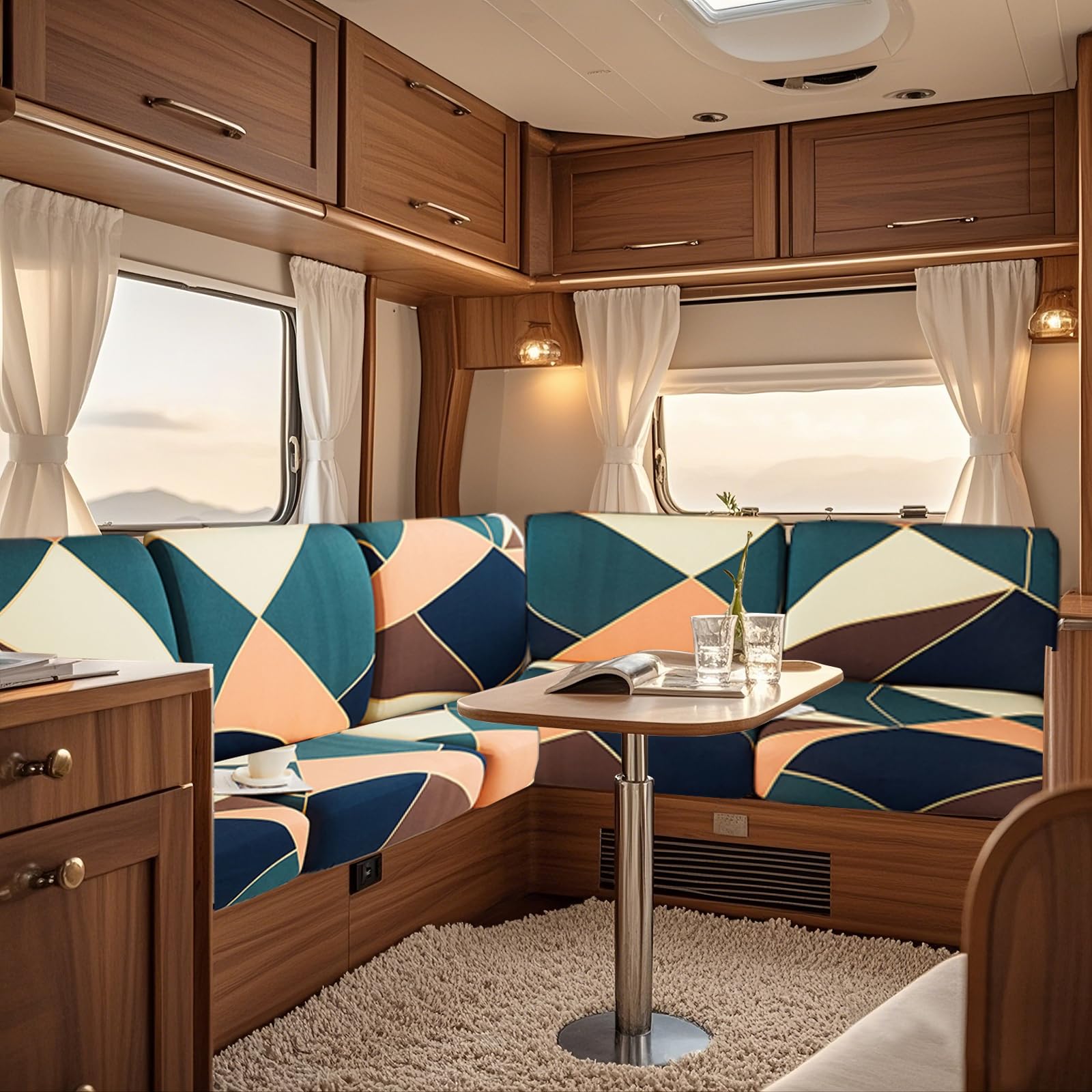 UNBBRRL Fit Stretch Caravan Seat Cover, Non Slip Elastic Fabric Printed Pattern RV Dinette Cushion Cover, Protector for Motorhome Sofa Bench with 4 Straps (golden crackle,Dining Chair Set(2pcs))