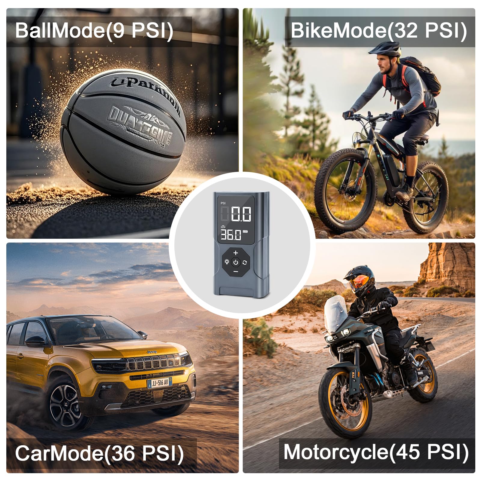 EFaith Compresseur À Air Portatif, gonfleur pneus voiture, Pompe À Velo Gonfleur Electrique, Gonfleur Pneu Sans Fil avec Batterie 3600mAh & 12V DC, LED et Arrêt Automatique Pour Voiture Vél Basket-bal