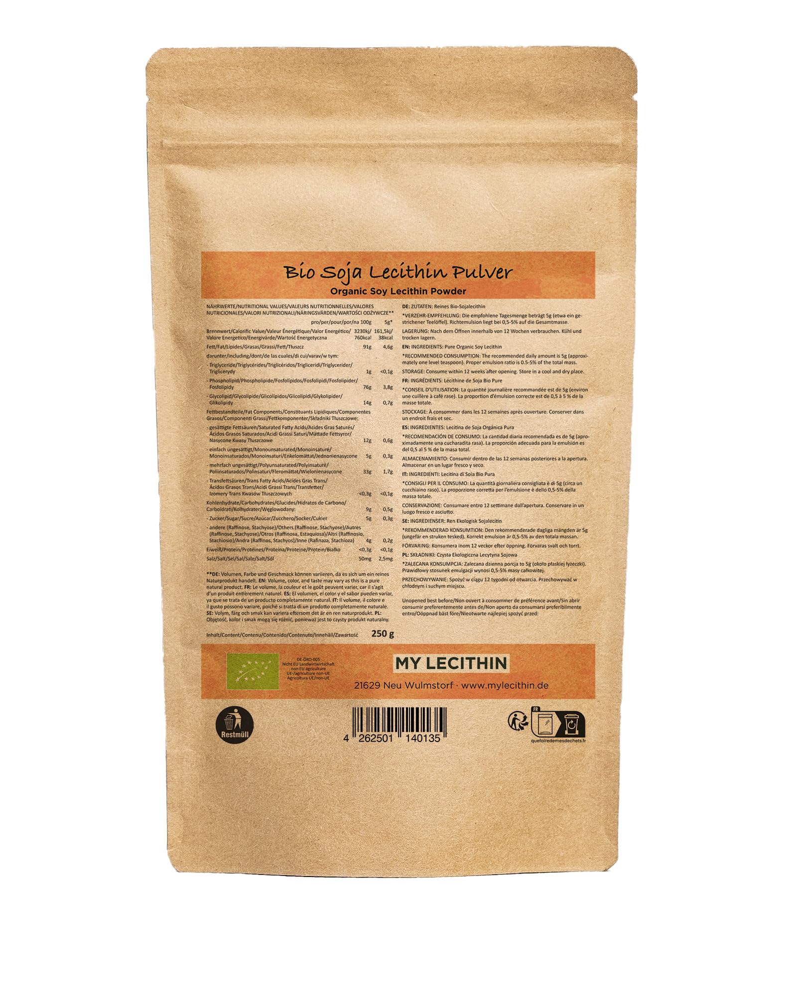 Bio Soja Lecithin Pulver | E322 | Emulgator | Sojalecithin | Reinlecithin | (250gr)