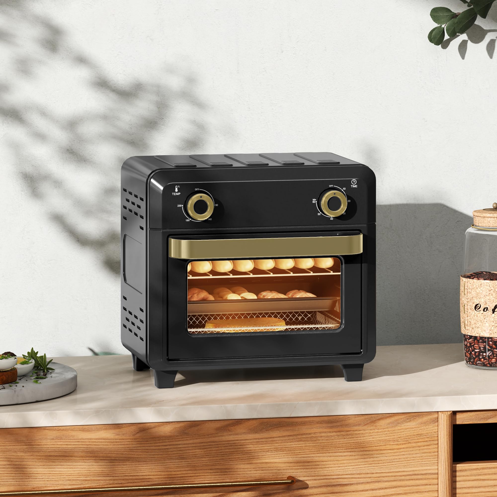 HOMCOM Mini horno con convección, freidora de aire caliente de 10L, Horno pequeño con temporizador de 60 minutos e iluminación interior, 80-230℃, 3 estantes, Accesorios aptos para lavavajillas,