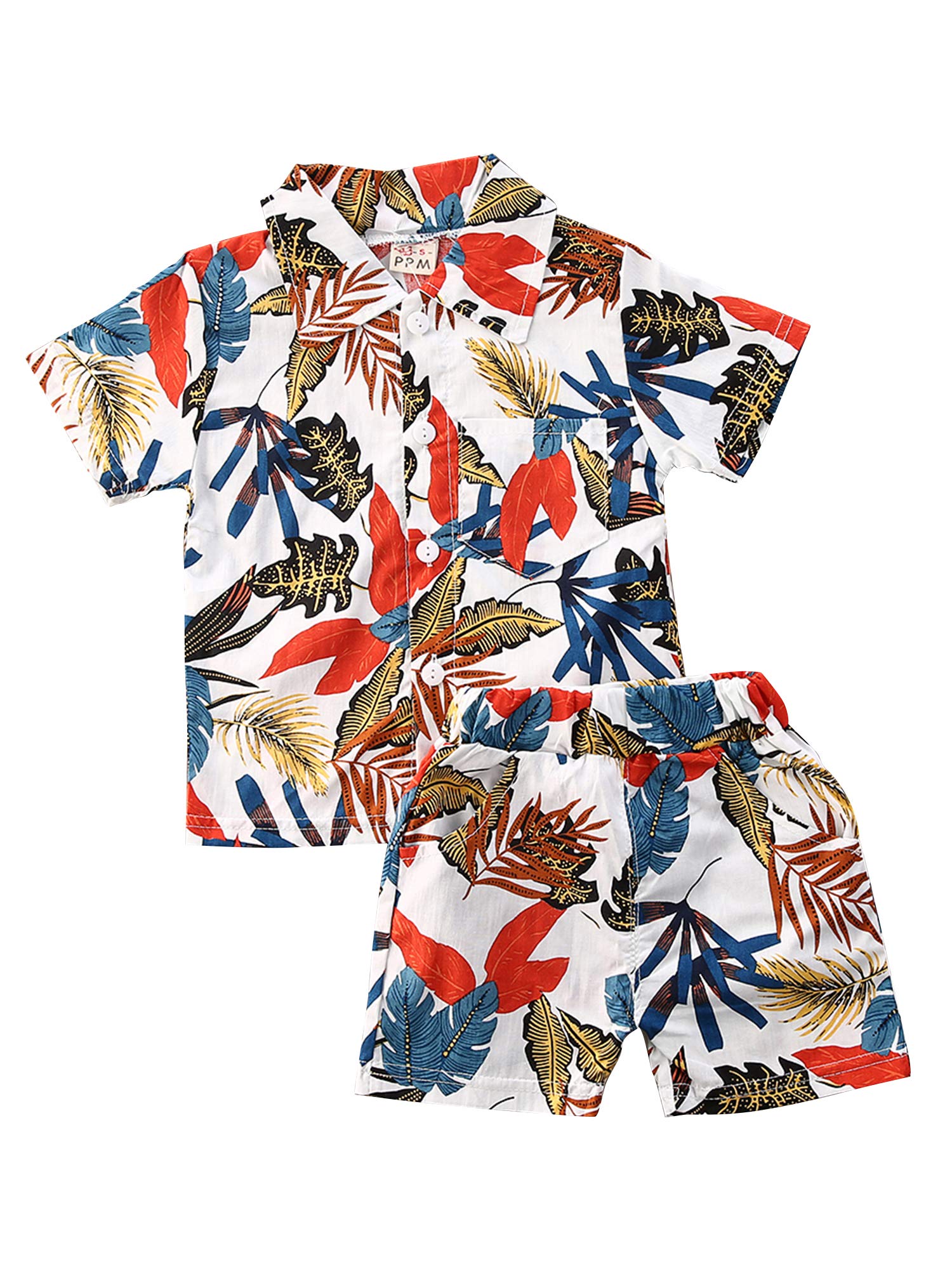 Carolilly 2 Piezas Conjunto Verano Bebé Niño Traje Casual Camisa de Manga Corta Camiseta Abotonada con Estampado de Hojas + Pantalones Cortos para Playa Mar
