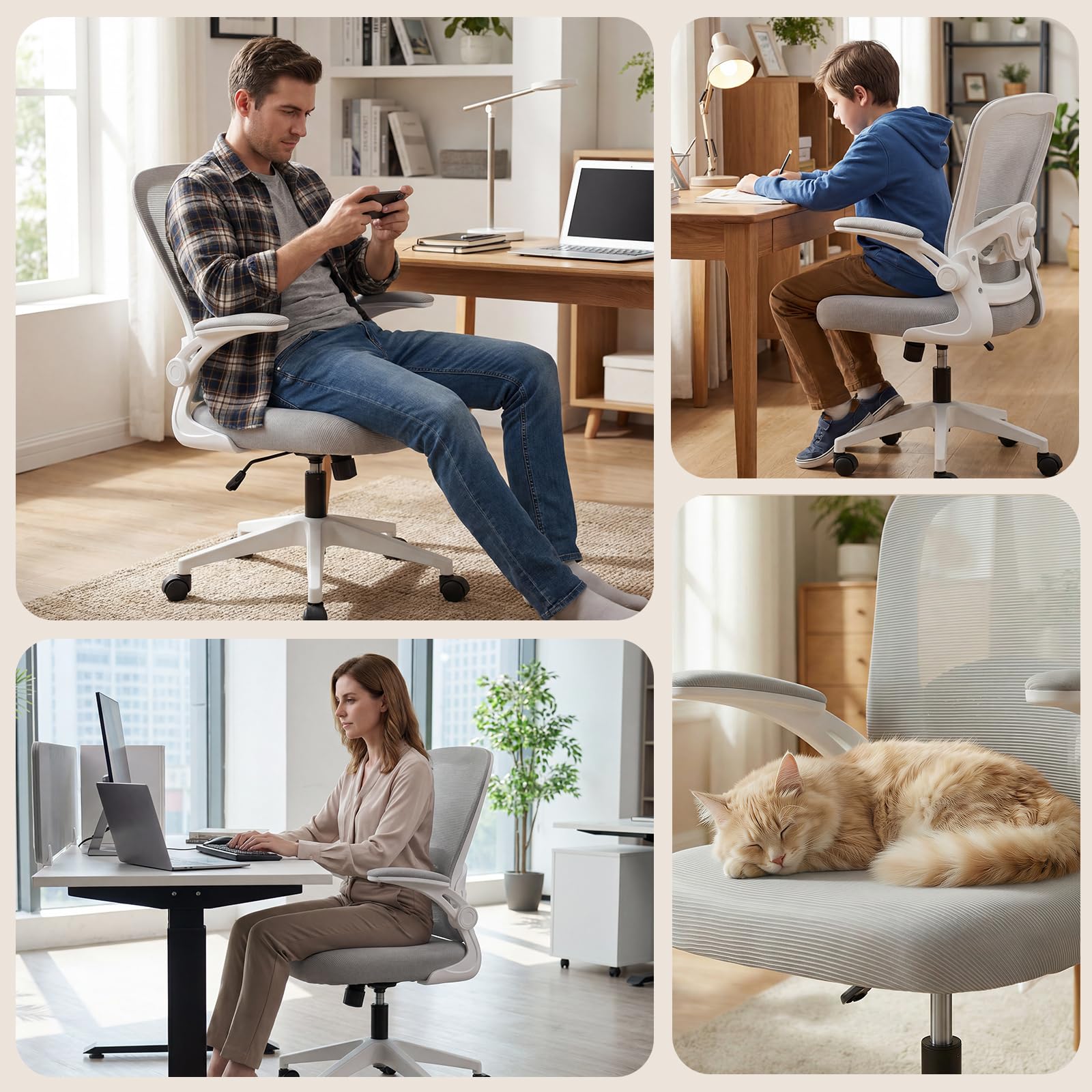 Bürostuhl Ergonomisch mit 4D Verstellbarer Lordosenstütze und Atmungsaktivem Mesh, Ergonomischer Schreibtischstuhl mit 8 cm Formstabilem Sitzpolster, 360° Drehstuhl für Home Office & Büro Weiß