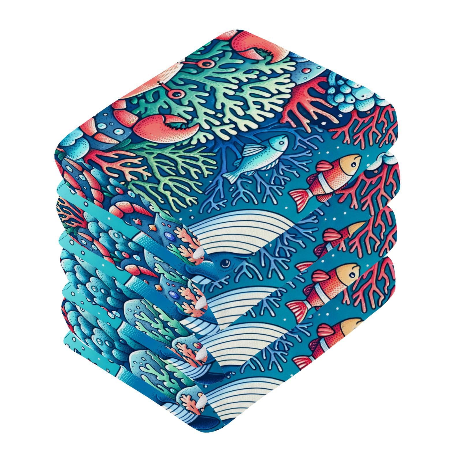 YANENDIE Cute Underwater Animal Washcloths Towels, Highly Absorbent and Soft Cotton Face Cloths, 6 Pack Quick Dry Wash Cloths - 12 X 12 Inches