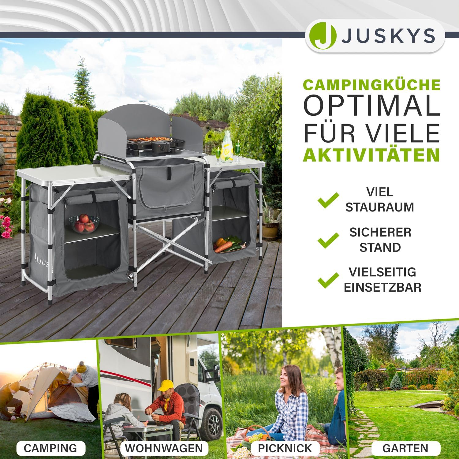 Juskys Składana kuchnia kempingowa z torbą do przenoszenia - wodoodporna, nierdzewna - Outdoor Camping Kuchnia Składana szafka kempingowa - składana kuchnia z szafką