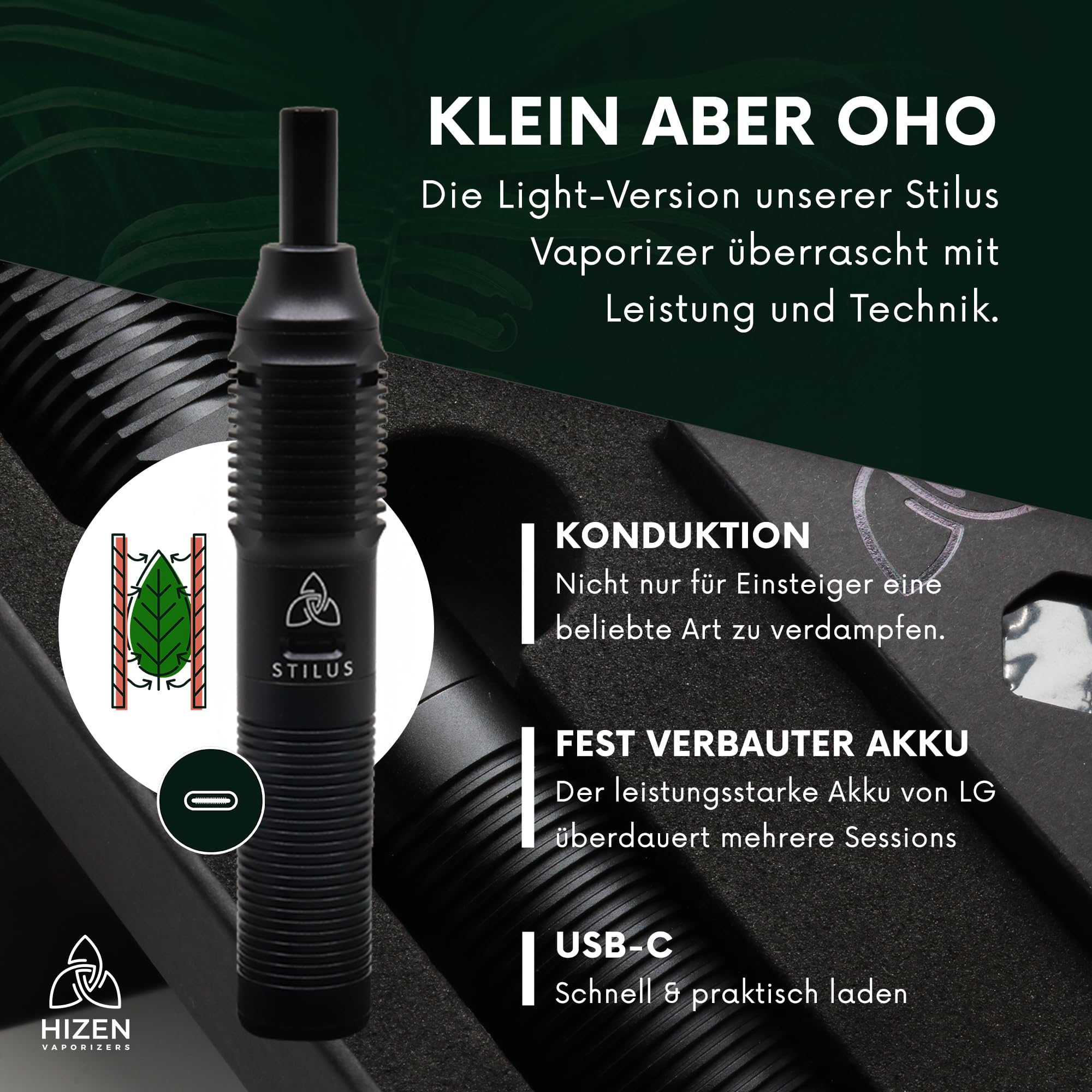 HIZEN Vaporizer Stilus Mini + Glasbong Starter Set - Verdampfer für Kräuter, Konduktion Kräuterverdampfer mit USB-C, Aluminium Gehäuse, modular erweiterbar - nikotinfrei