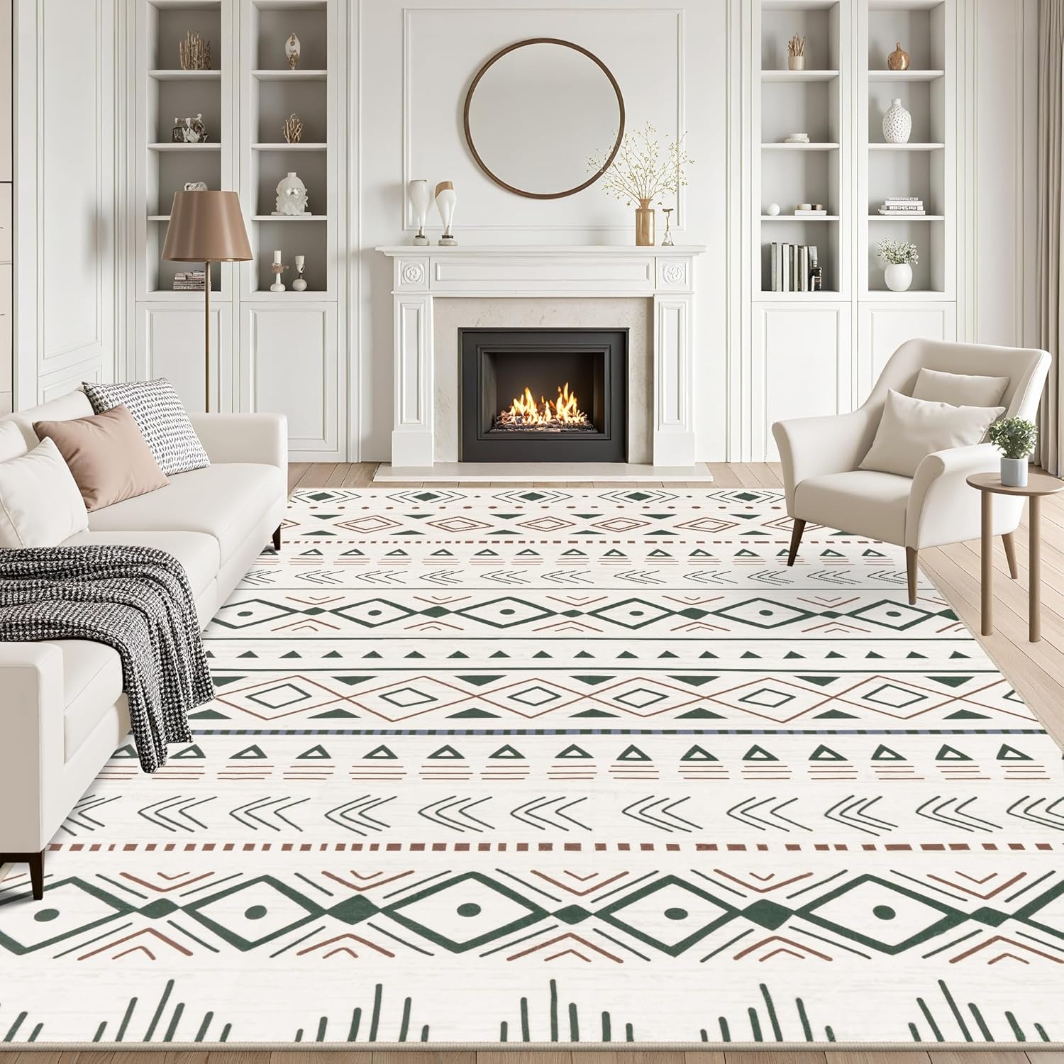 8x10 Area Rugs Living Room Rug: Washable Rug Neutral Lagre Soft Thin Carpet Indoor Floor Non Slip Boho Geometric Moroccan Carpets for Bedroom Dining Room Farmhouse Nursery Office - Brown Green 8' x 10' (Rectangular) Brown Green