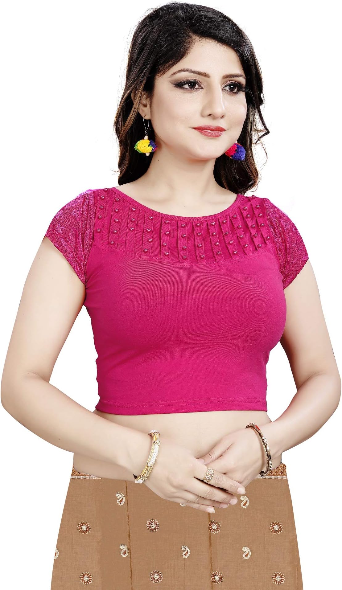 Sanmati Creation Women's Cotton Lycra Fully Stitched Embellished Moti Word Short Net Sleeves Readymade Blouses for Saree, Lehenga Choli, Crop Top for Girls