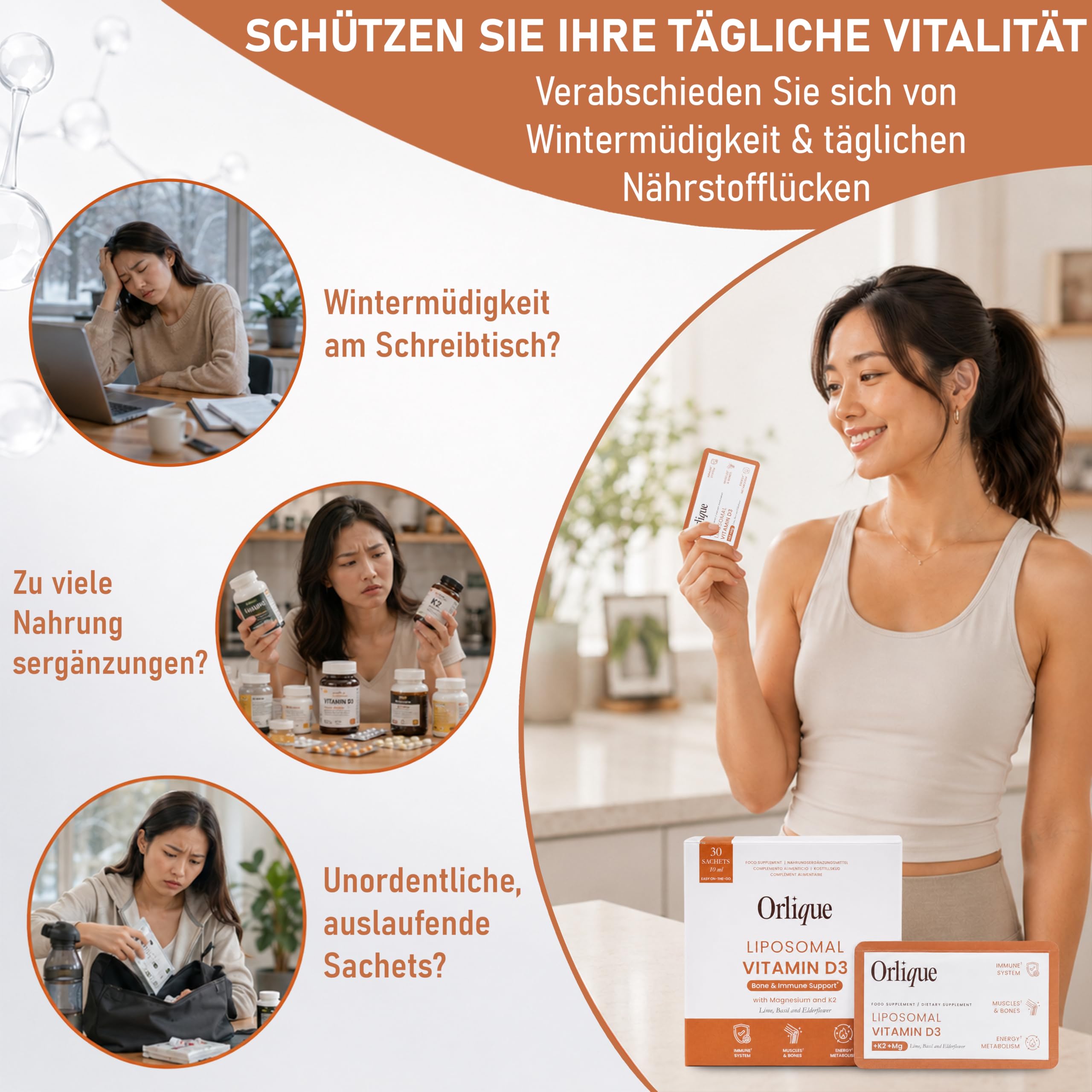 Liposomales Vitamin D3 K2 Magnesium Flüssige - 30 Sachets - Hochdosiert 100 mcg Vitamin D3 pro Tag - 1 Monatsvorrat - Hohe Bioverfügbarkeit für Immunsystem, Knochen & Muskeln - Vegan & Lab Getestet