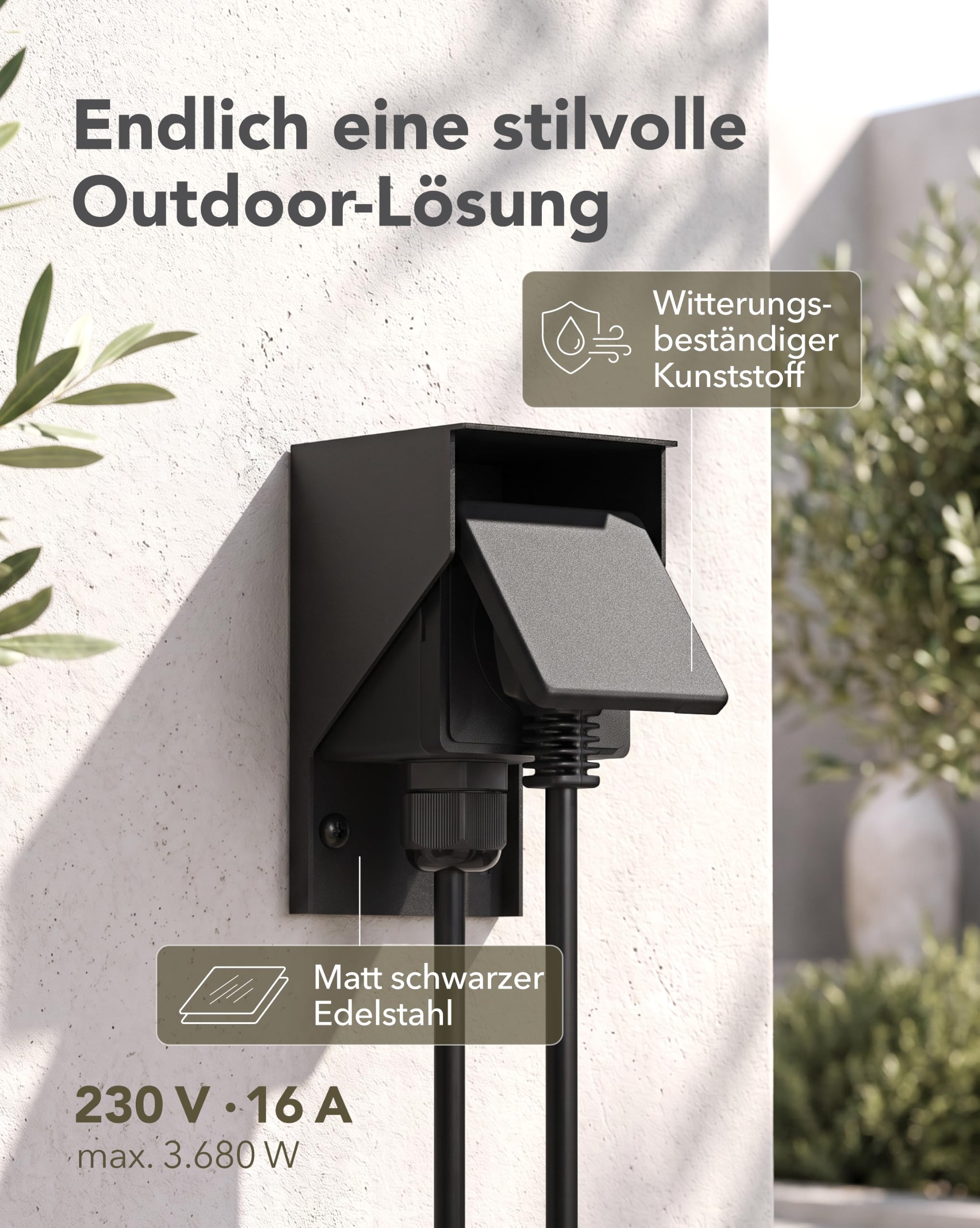 ledscom.de 3x Aufputz Steckdose PIWI für außen und 2m Kabel, IP44, 1-fach, schwarz