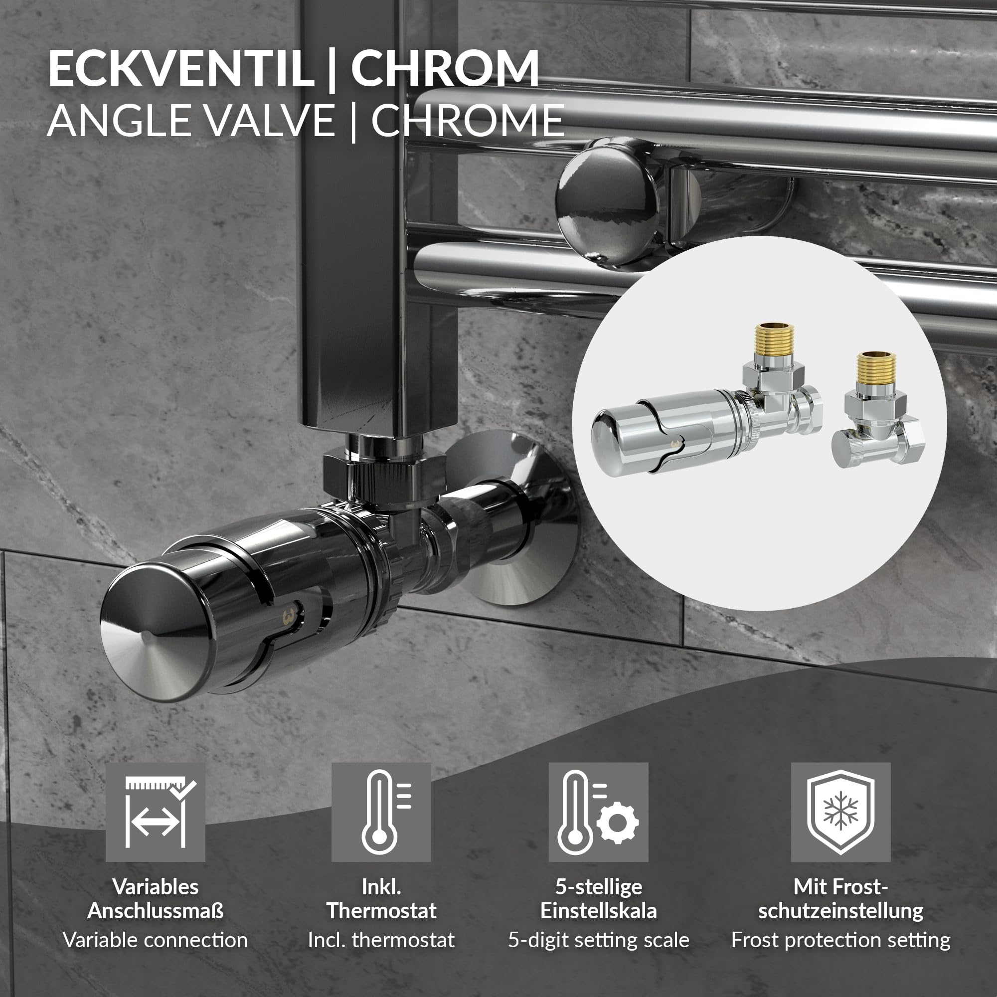 LuxeBath Zawór termostatyczny + złącze śrubowe powrotne do grzejników, chrom, zawór grzejnikowy, kompletny zestaw, głowica termostatu 1/2" kształt narożny, zawór grzewczy z pozycją ochrony przed
