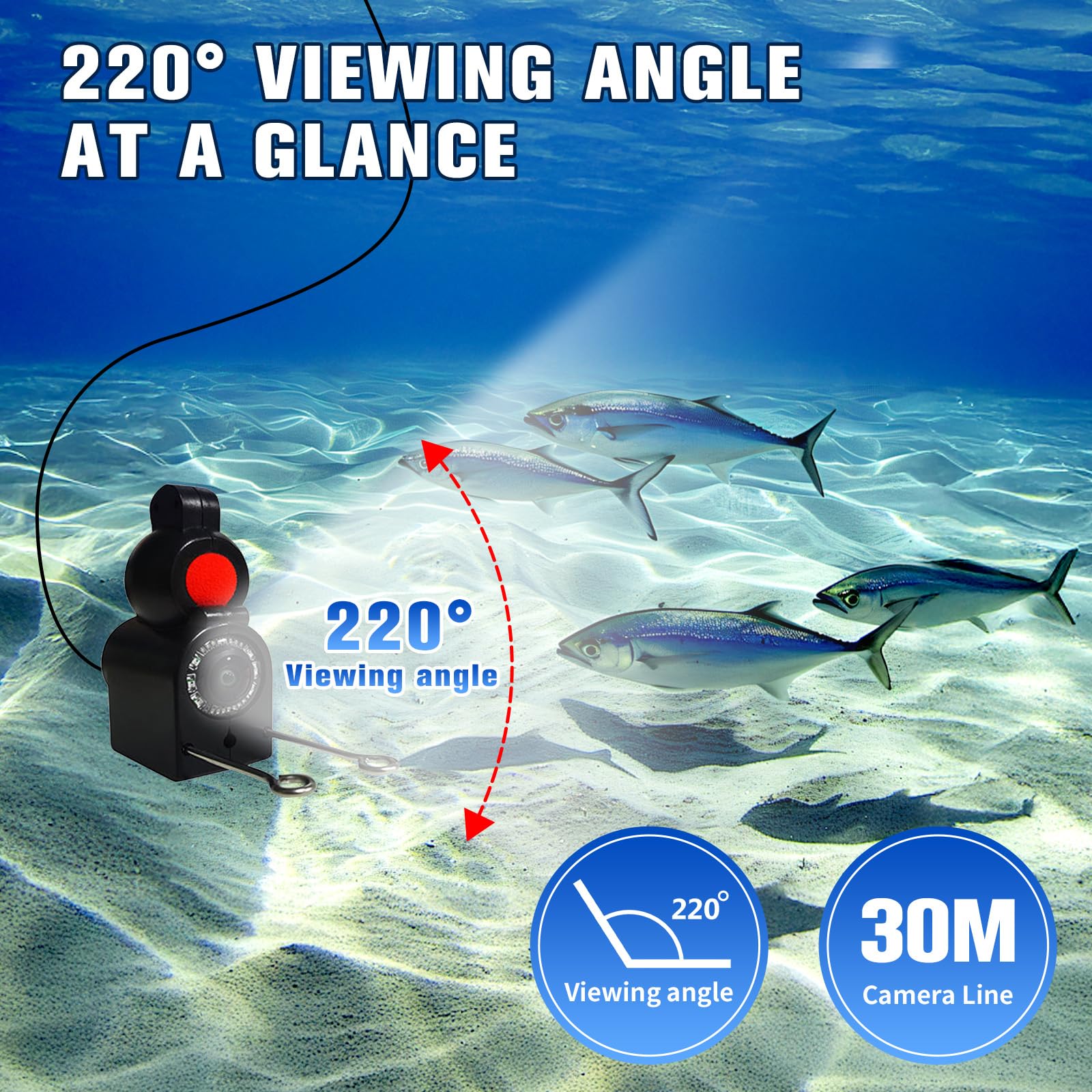 Fischfinder, Unterwasserkamera Angeln, Fish Finder Kamera IP68 Wasserdicht Unterwasser Kamera, 5000mAh Akku, 30m Kabel, 220° Weitwinkel Nachtsicht für Meeresangeln Fluss Angeln Eisfischen
