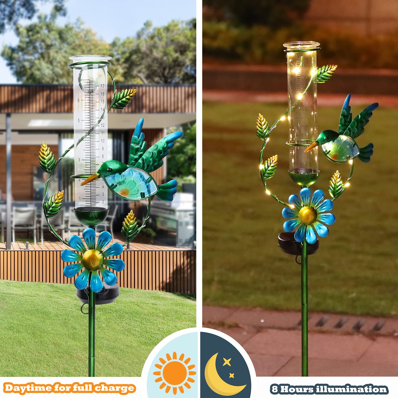 MUMTOP Pluviometro per esterni, a energia solare, da giardino, paletto in metallo, con luci a LED per giardino, cortile, patio