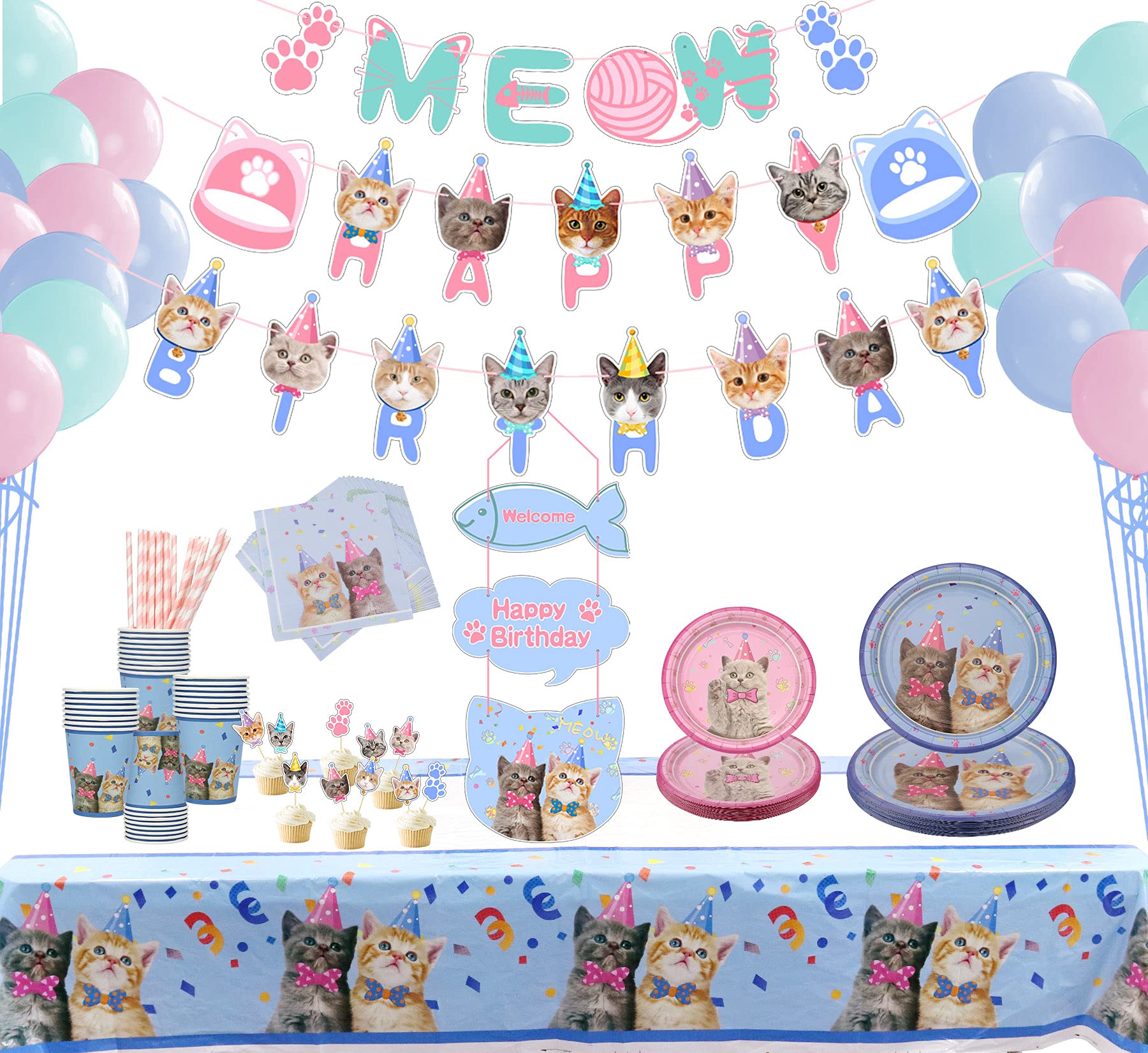 LSJDEER 210 Pcs Cat Party Supplies Decorations Set, Kitten Dinnerware