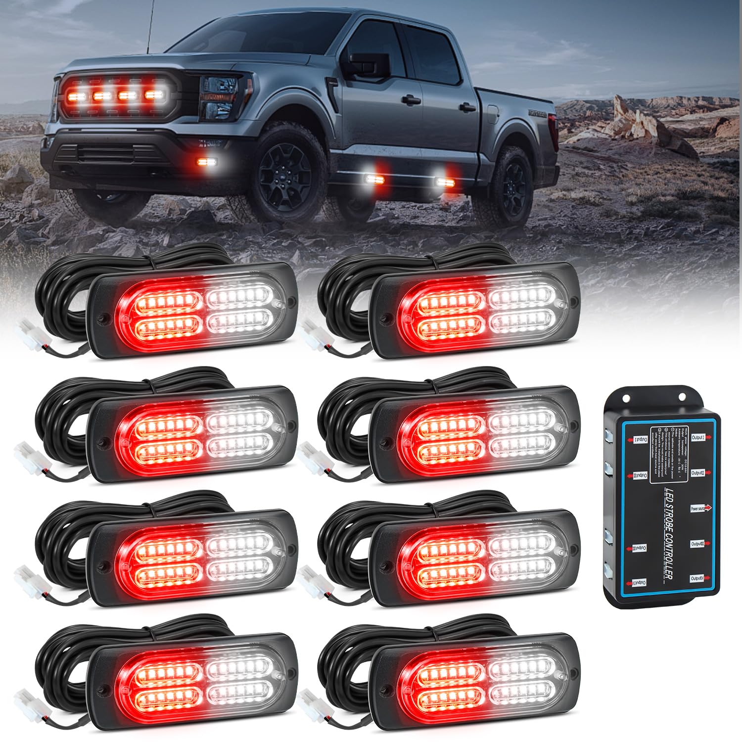 AnTom 8pcs Emergency Strobe Lights for Trucks, Sync Feature Vehicles Grille Surface Mount 24-LED Flashing Hazard Warning Light Kit with Controller and Wiring Harness, No additional wiring required