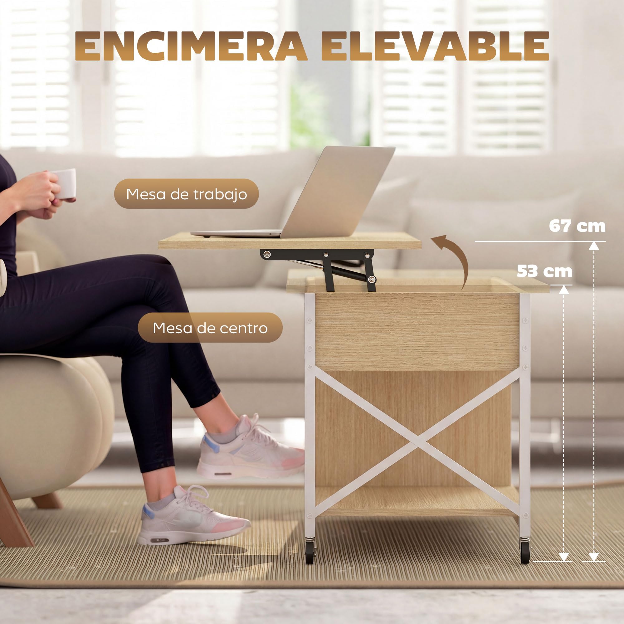 HOMCOM Mesa de Centro Elevable con Ruedas 105x50x67 cm Natural y Blanco | Mesita de Salón con Compartimento Oculto, Estantes Abiertos, Mesa de Café para Comedor, Oficina