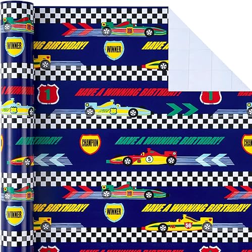 Vista 518 de WRAPAHOLIC Papel de regalo reversible, mini rollo, 17 pulgadas x 33 pies, adorable diseño de gato y azul sólido para cumpleaños, vacaciones