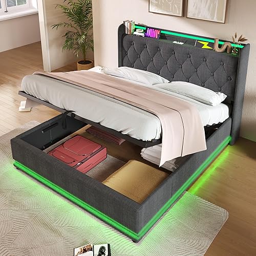 Miniatura 63 de Base de cama LED tapizada tamaño Queen, plataforma flotante de terciopelo con cabecero, MDF moderna y cama de madera contrachapada (beige-081)