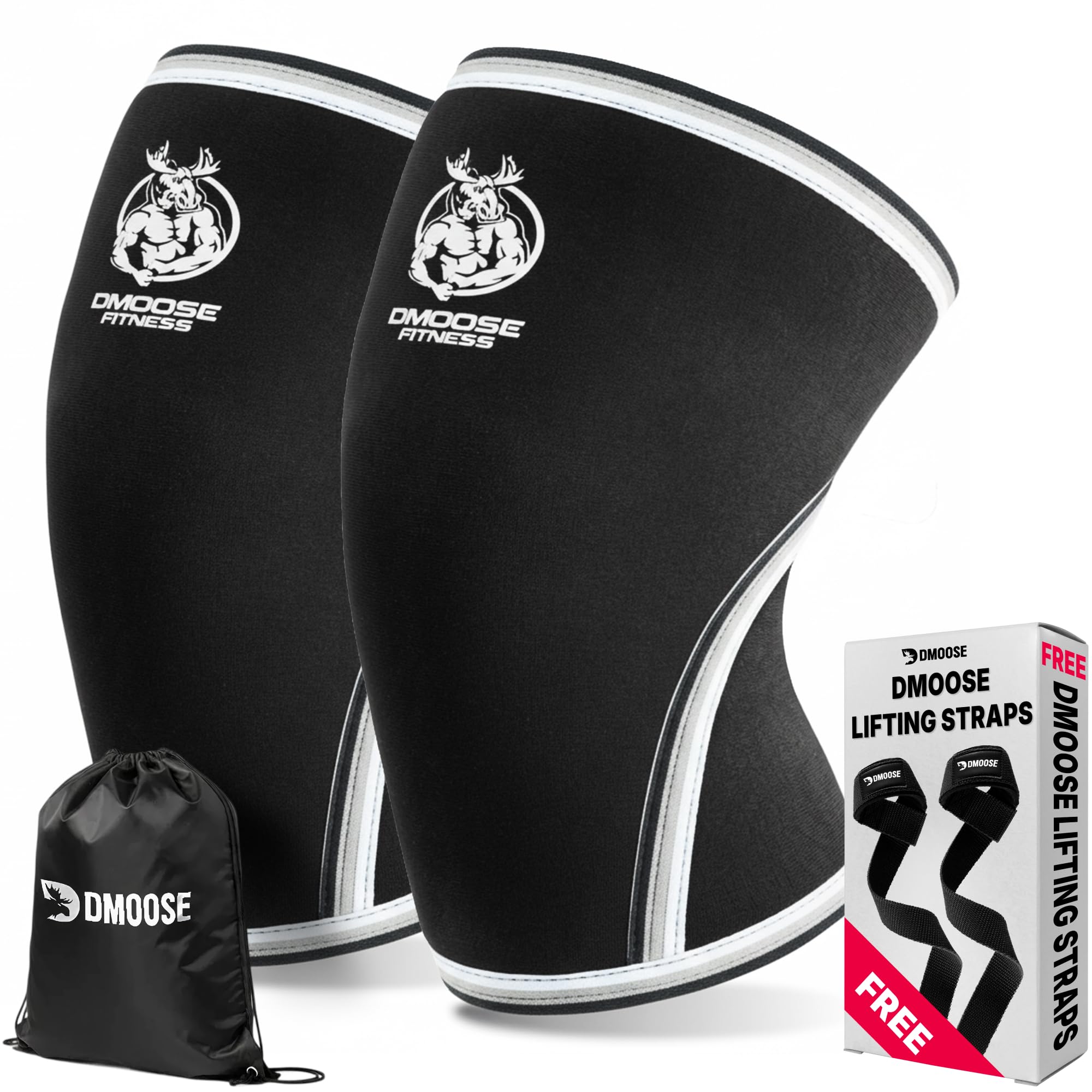 DMoose Fitness Knee Sleeves for Weightlifting with 2 Straps &amp; Gym Bag - 7mm Compression Sleeve for Joint Stability &amp; Squats