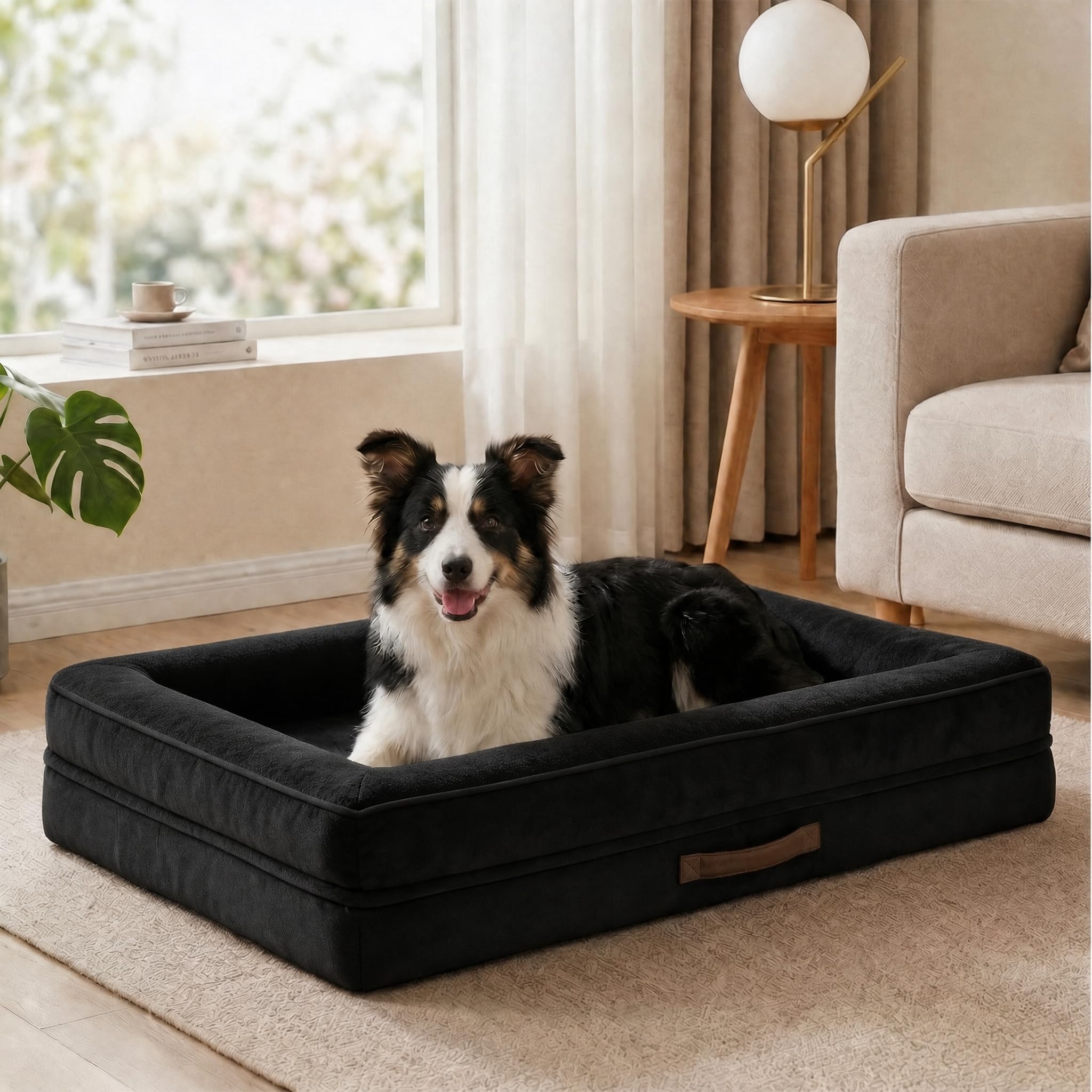 Renvix Large Orthopedic Dog Bed, Waterproof Dog Sofa Bed with Removable Washable Cover, Soft Egg Foam Pet Bed, Non-Slip Bottom and Four-Sided Bolster Cushion（Black, 91x61x18cm） — image 1