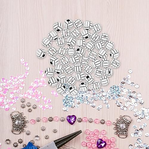 Miniatura 4 de 50 cuentas de silicona de 0.59 pulgadas (0.591 in), cuentas de voleibol acrílicas, cuentas deportivas de agujero grande, cuentas redondas sueltas