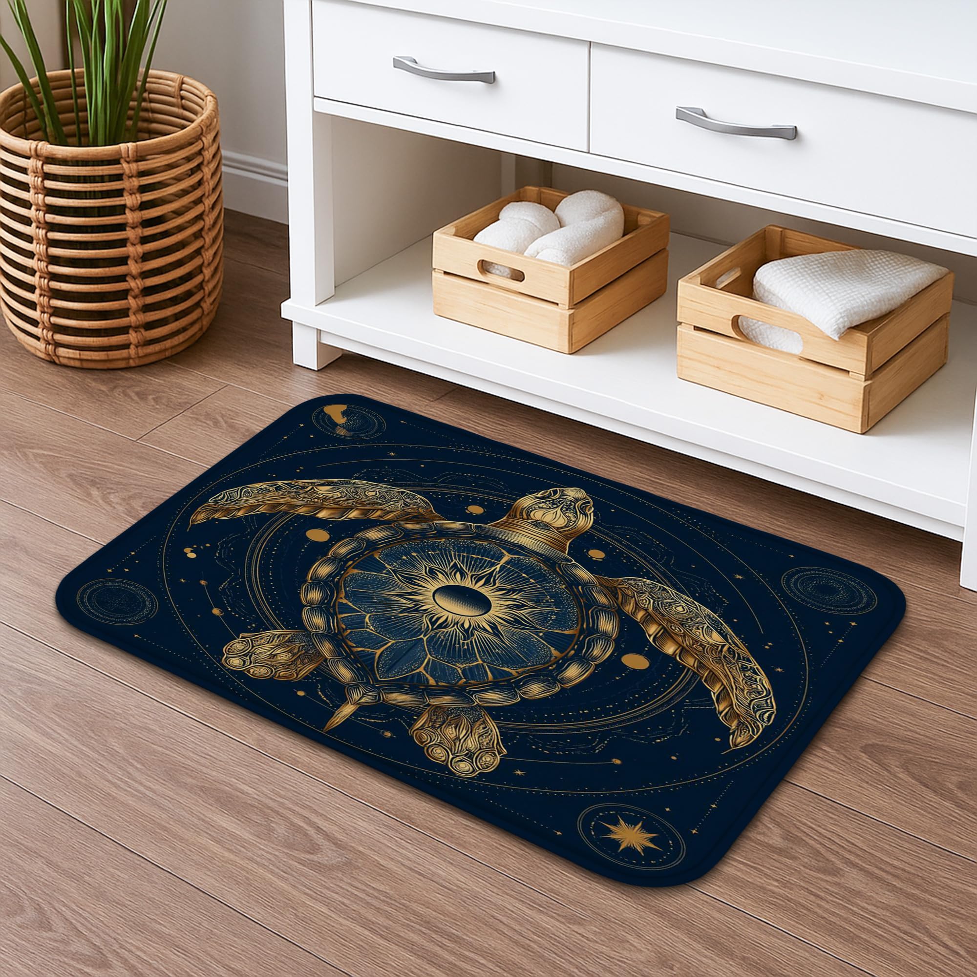 Autumn Bathroom Mat Set 3 Piece, Cosmic Turtle Design Absorbent Non Slip Washable Toilet Rug U Shaped, Mystical Stellar Quick Dry Memory Foam Bathroom
