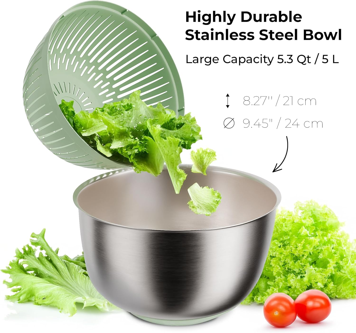 Stainless Steel Salad Spinner Large - Fruit and Vegetable Wash Bowl with Strainer - Lettuce Spinner, Fruit Cleaner, Collapsible Salad Dryer 5.3 Quart Capacity