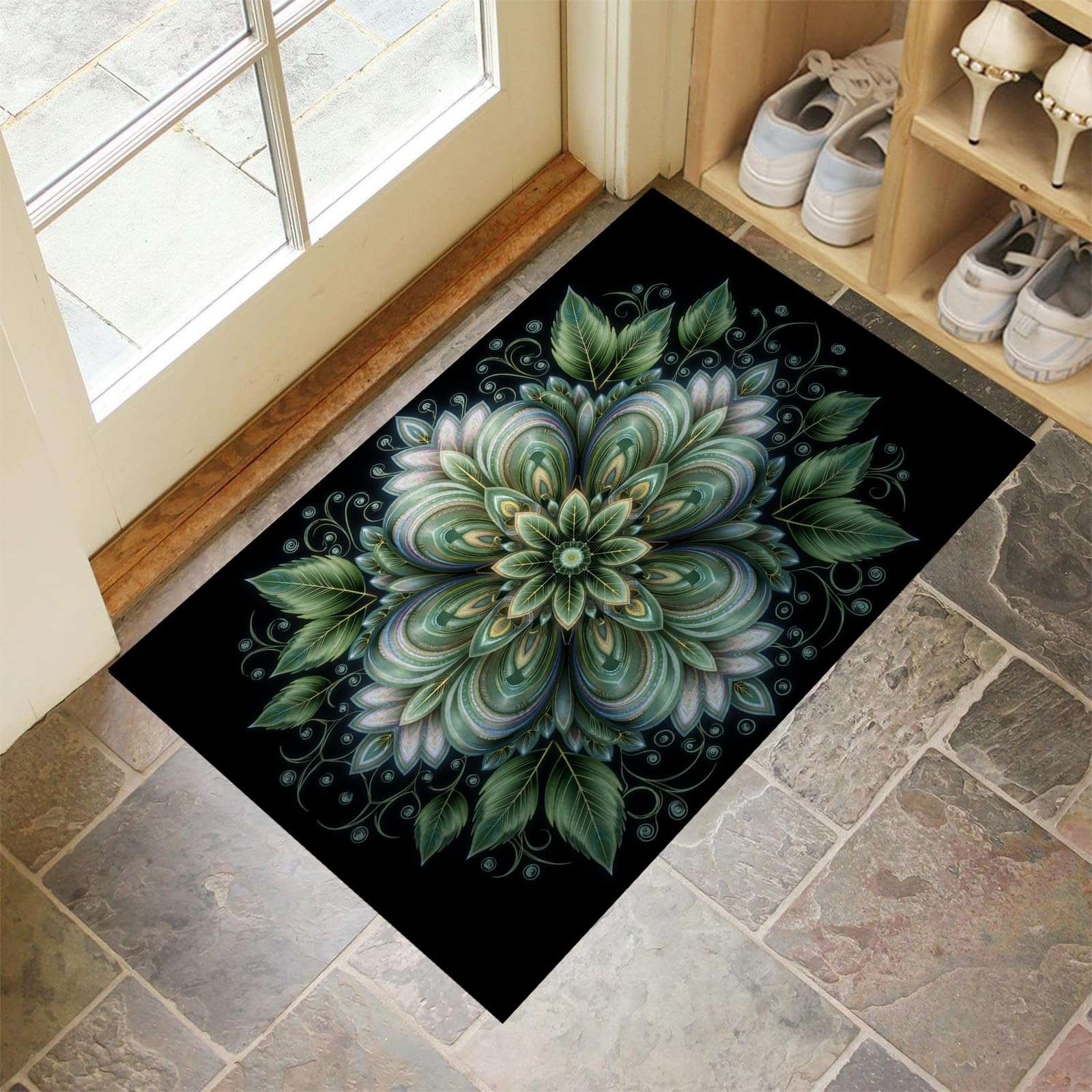 Tapis de cuisine et entrée mandala vert 50x80 cm lavable et doux