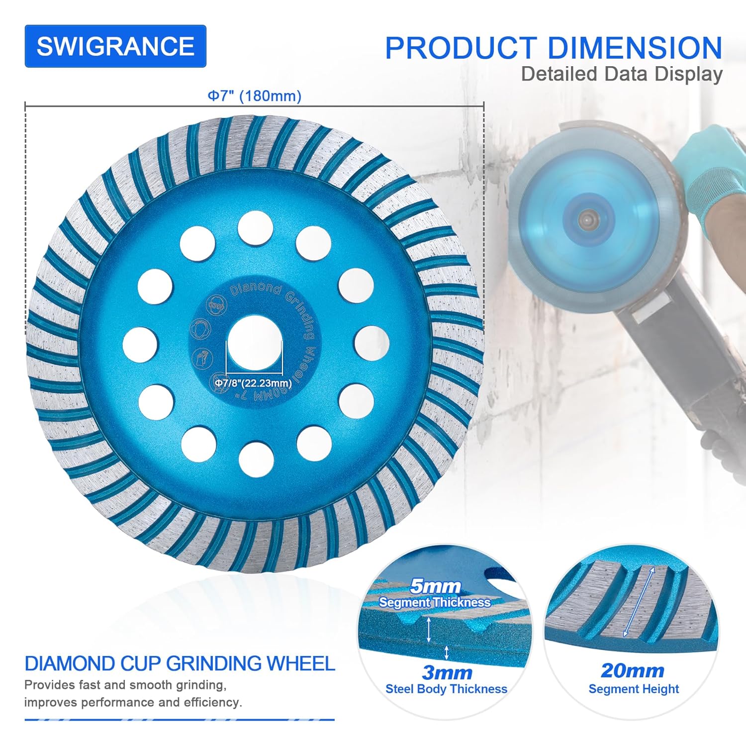 Diamond Concrete Grinding Cup Wheels 180mm 7" Turbo Row Segment, Fits 7/8" Arbor, Shaping Polishing Cleaning Concrete Masonry Marble Granite Brick