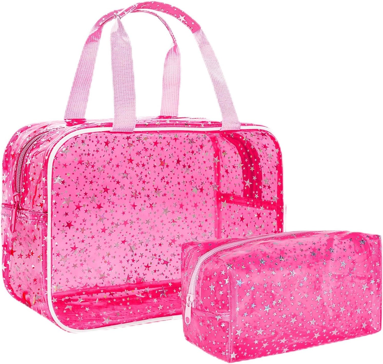 2PCS Clear Star Print Waterproof Makeup Bag, Lagre PVC Cosmetic Pouch with Zipper, Travel Toiletry Organizer for Women, Small Personal Item for Travel, Business Trip, Gym & Daily Use (Red