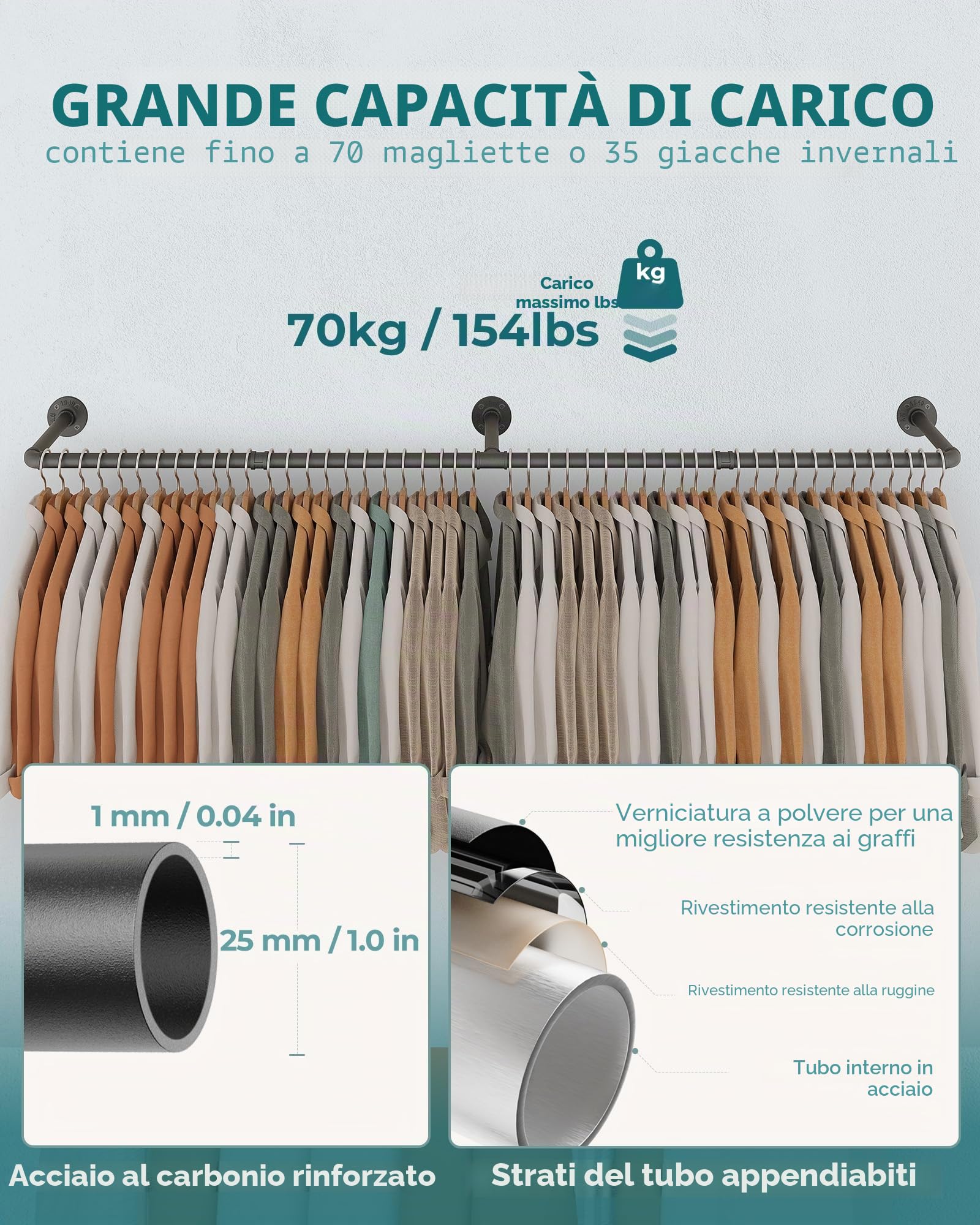 OROPY Set di 2 Penderia per Abiti Industriale, Barra di Metallo Retrò Rimovibile da 167 cm a Parete per Appendere i Vestiti, Penderia Robusta per lo Stoccaggio in Camera da Letto, Nero (3 Basi)