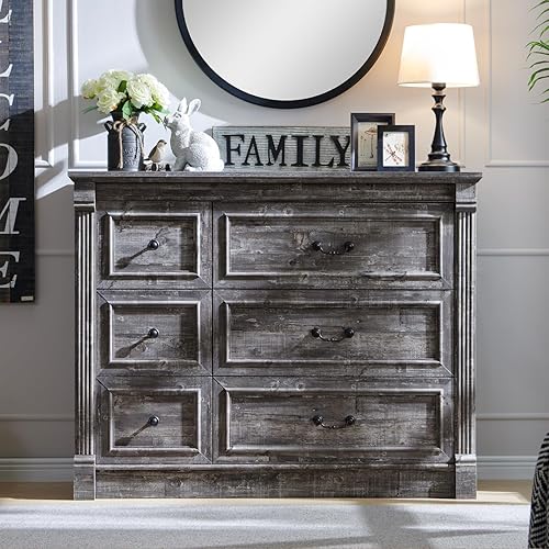 Miniatura 21 de Cómoda de 5 cajones para dormitorio, cómodas de granja de 46" de altura y cajoneras con columna romana, cómoda de armario rústica de madera con dos