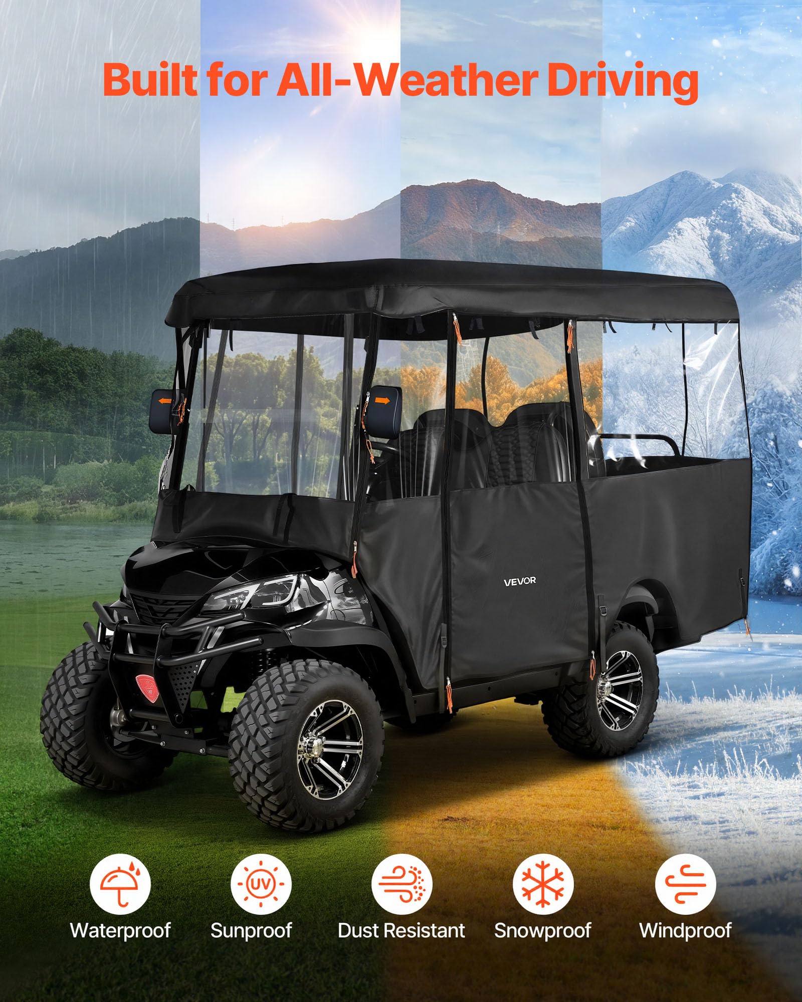 VEVOR Pokrowiec na wózek golfowy 420D na 2+2/4 osobowy, wodoodporny pokrowiec 2,2 m z powłoką PVC, haki wiatroszczelne, przednie okno, zwijane drzwi kompatybilne z EZGO Yamaha Honda