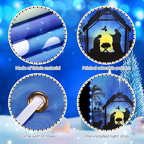 Miniatura 7 de Cubierta de puerta de Navidad, decoración de puerta de Navidad de Noche Santa, pancarta con cadena de luces LED, religioso azul Jesús Feliz Navidad,