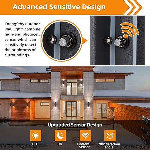 Vista 6 de Luces de pared para exteriores, linternas de pared con sensor de atardecer a amanecer, luces de puerta delantera negras mate con enchufe de base