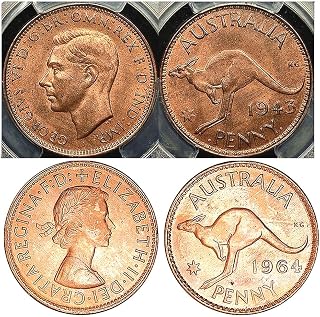 GIANT AUSTRALIA PENNIES w HOPPING KANGEROO, YOUNG QUEEN ELIZABETH (50's-60's) & HER FATHER GEORGE VI (40's)! 2 DIFF COINS FOR 1 PRICE