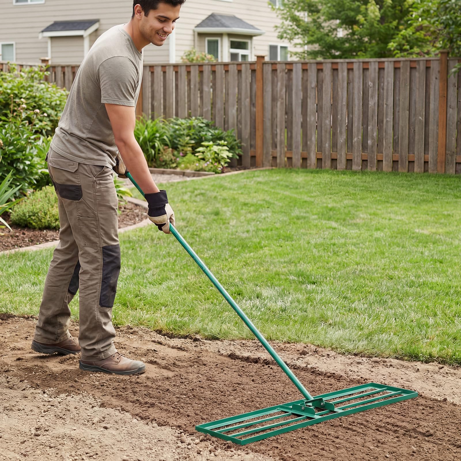 Rastrillo paisajístico de aluminio de 91 cm (36''), rastrillo de jardín de 91 cm (36 púas) con mango de 173 cm (68") y cabezal de doble cara, herramienta resistente para rastrillar arena y tierra,