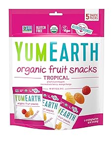 YumEarth Organic Tropical Fruit Snacks, Tropical Fruit Flavored Snack Packs, Allergy Friendly, Gluten Free, Non-GMO, Vegan, No Artificial Flavors or Dyes (60 Snack Packs)