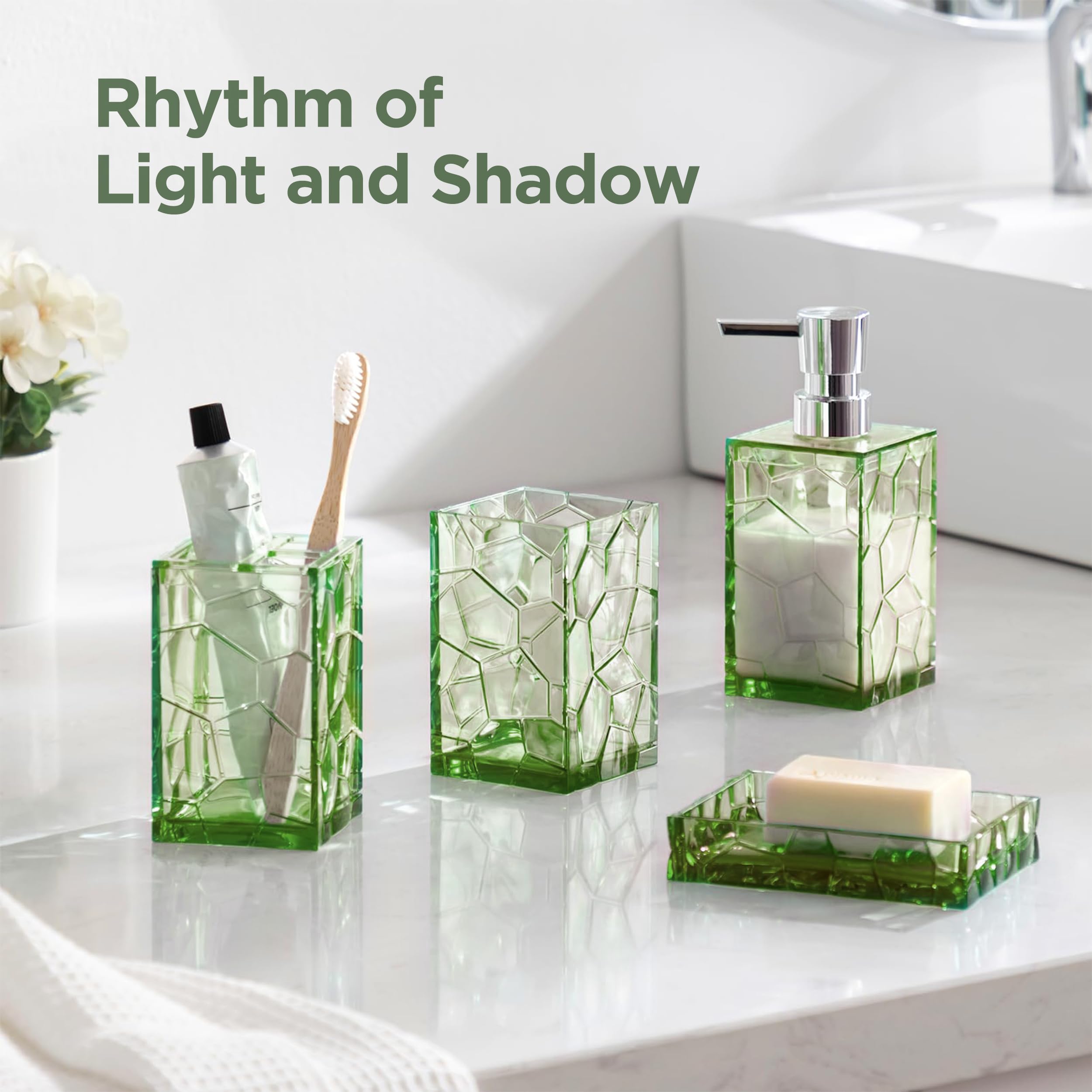 HBlife Juego de Accesorios de baño Modernos de acrílico Verde Salvia con Soporte para Cepillo de Dientes, dispensador de jabón, Vaso, jabonera