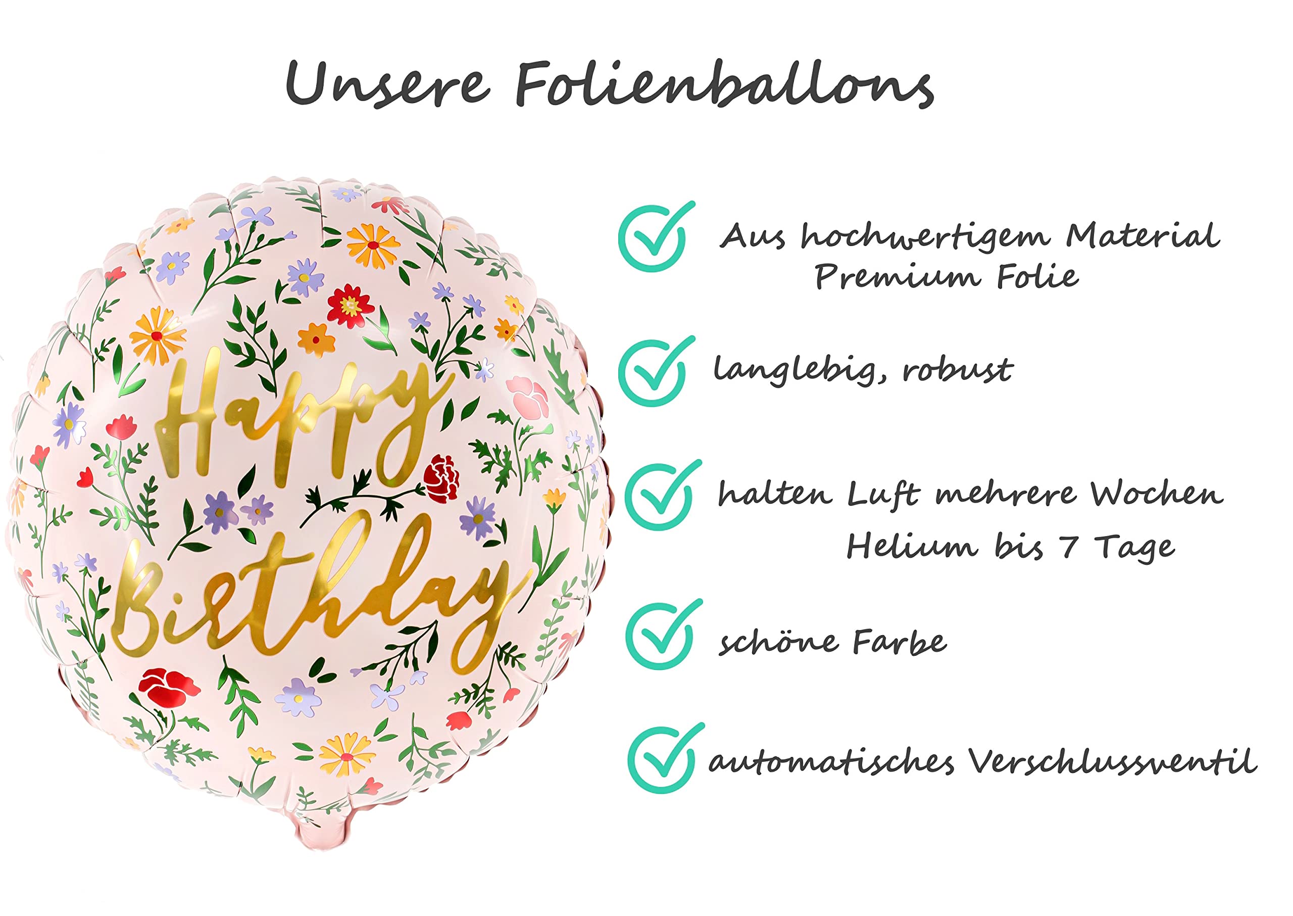 Folienballon Happy Birthday Blumen – Ballon Geburtstag Mädchen Frauen | Luftballon Geburtstag mit goldener Schrift – Dekoballon, Geschenk für Mädchen, Frauen, Mama & Freundin