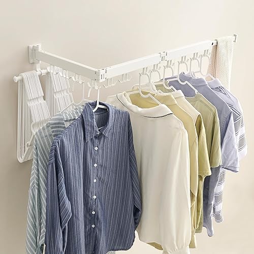 Miniatura 5 de JOOM Tendedero de ropa montado en la pared, estante de secado de ropa plegable, retráctil, plegable (tres pliegues, gancho mejorado), estante de