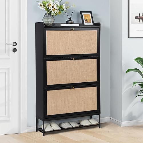 Miniatura 5 de LEVNARY Zapatero con 3 cajones abatibles, organizador independiente de almacenamiento de zapatos para entrada, zapatero estrecho de madera para el