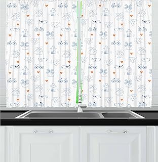 Ambesonne Dutch Kitchen Curtains, Traditional Holland Culture Elements with Doodle Style Clogs Bicycles, Window Drapes 2 Panel Set for Kitchen Cafe Decor, 55" x 30", Orange Navy Blue and White