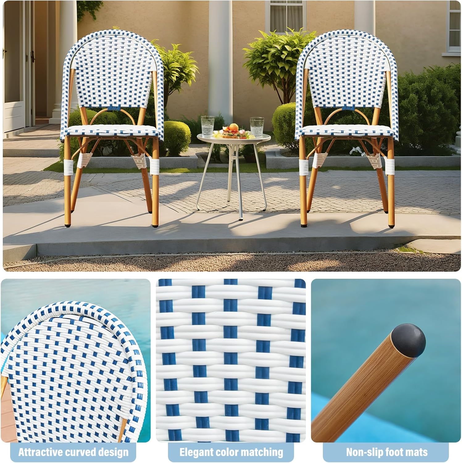 ECOTOUGE Outdoor French Bistro Chair Set of 2, Wicker Patio Dining Chairs with Print Finish, Accent Hand-Woven Rattan Furniture for Porch Garden Indoor, Blue&White