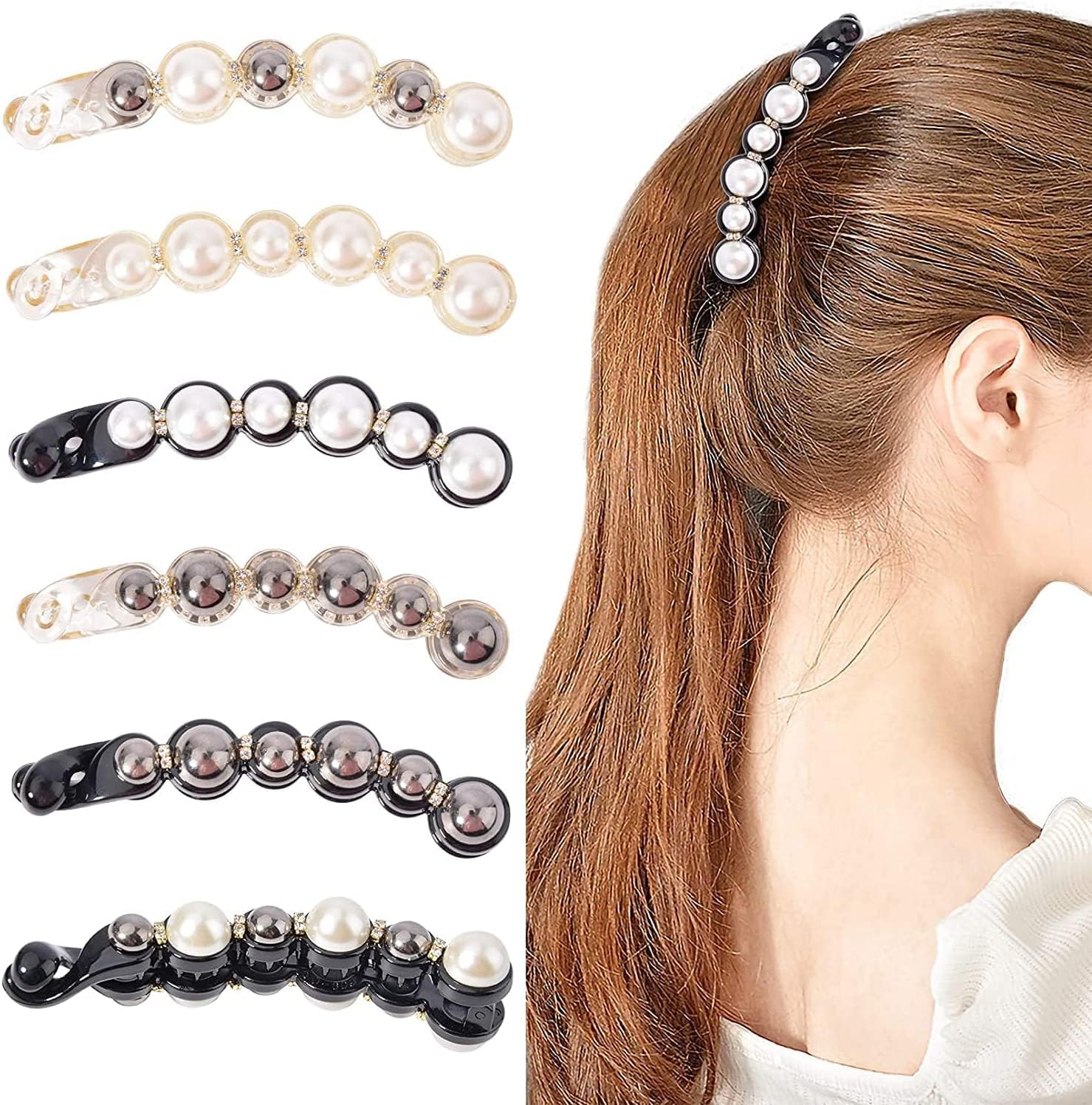KIENAI 6 Pack Pearl Hair Clips, Ponytail Banana Hair Clips, Tooth Comb Design, Simple Fashion Women's Hair Accessories for Thick or Thin Hair, for Women's Wedding, Birthday Party, Prom, Everyday Wear