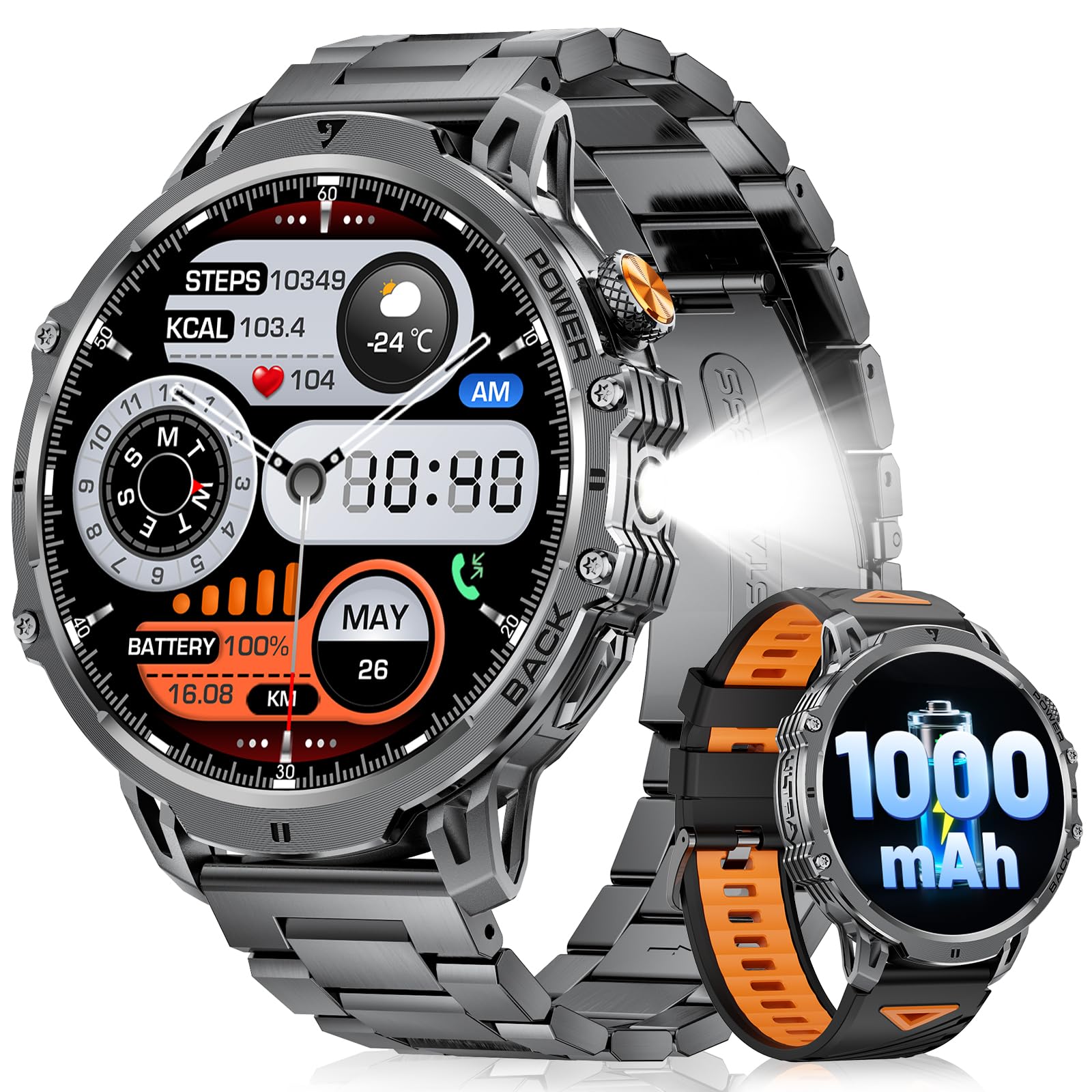 Reloj Inteligente Hombre 1000 mAh Batería/1.85'' HD Grande Smartwatch con Llamadas/Linterna/100+ Modos Deportivos,IP68 Impermeable Fitness Watch con Ritmo Cardíaco,Monitor de Sueño para Android iOS