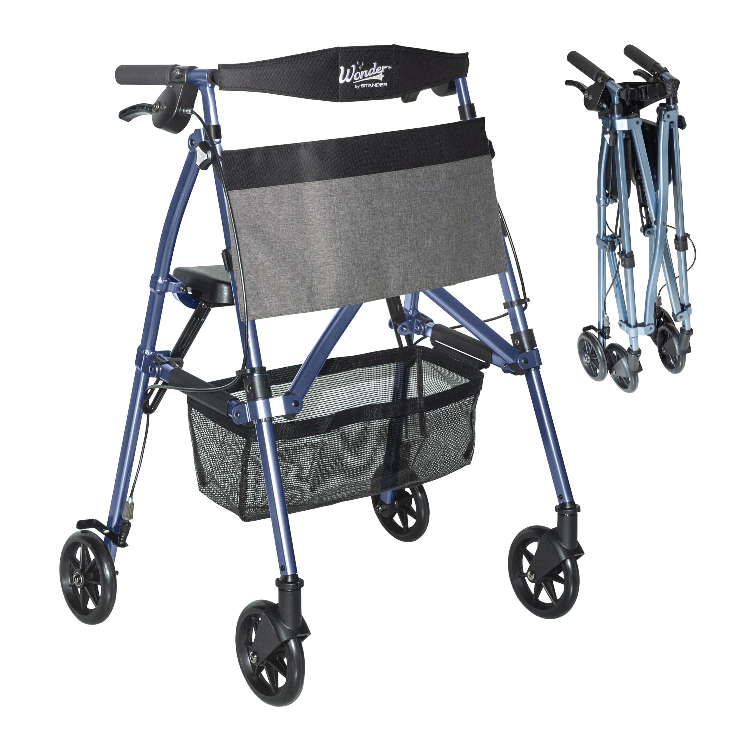 stander wonder rollator plus, lightweight folding mobility rolling-walker, ez fold-n-go-rollator for seniors and adults, 6-inch wheels, locking brakes and padded seat with backrest, cobalt blue
