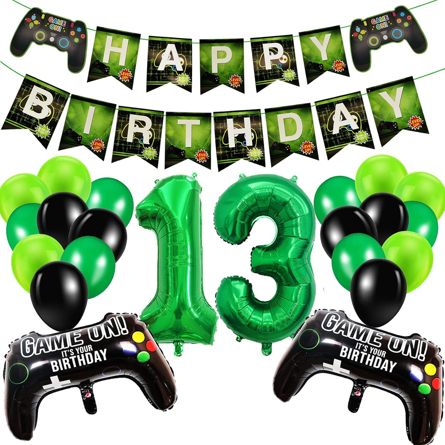 13th Birthday Decorations for Boys Gaming Party Decorations Set for Gamers Happy Birthday Banner Game Controller Balloons Black Green Balloons for Kids Teenagers Party Supplies