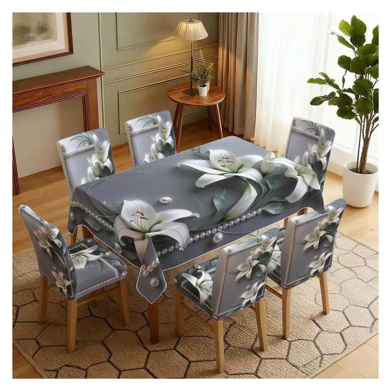 BOSUYBN Elegant Grey White Lily Pearl Dining Set, 5/7 Piece Luxury Floral Tablecloth And Stretch Chair Slipcovers For Refined Home Interior Table Setting(7pcs Set: Tablecloth+Chair Covers)