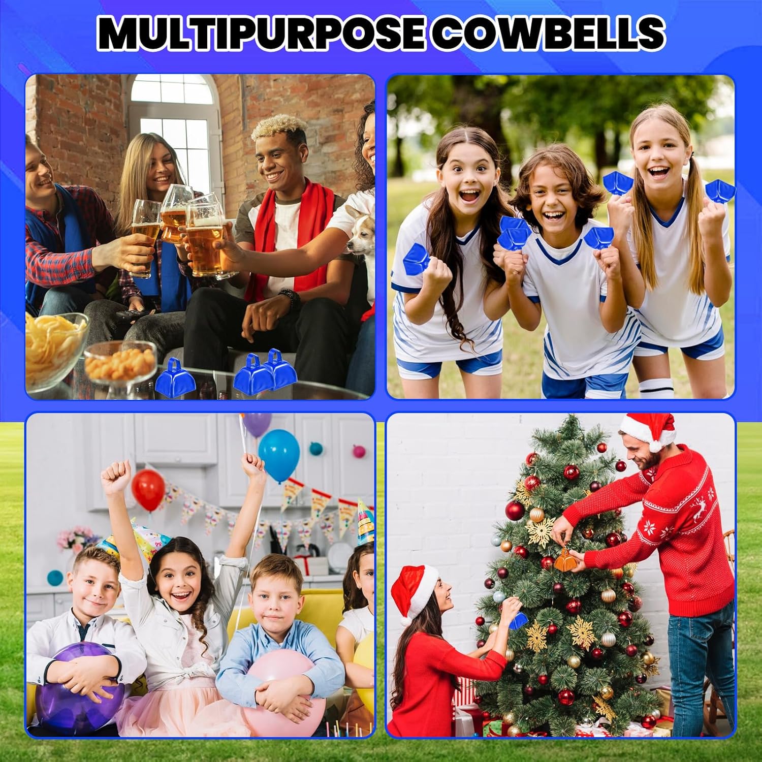 24 Pcs Metal Cowbell with Handle Cow Bells Noise Makers for Sporting Events Small Loud Noisemaker Cow Bell for Wedding Cheering Football Games, (3 x 2.8 x 2.5,blue)